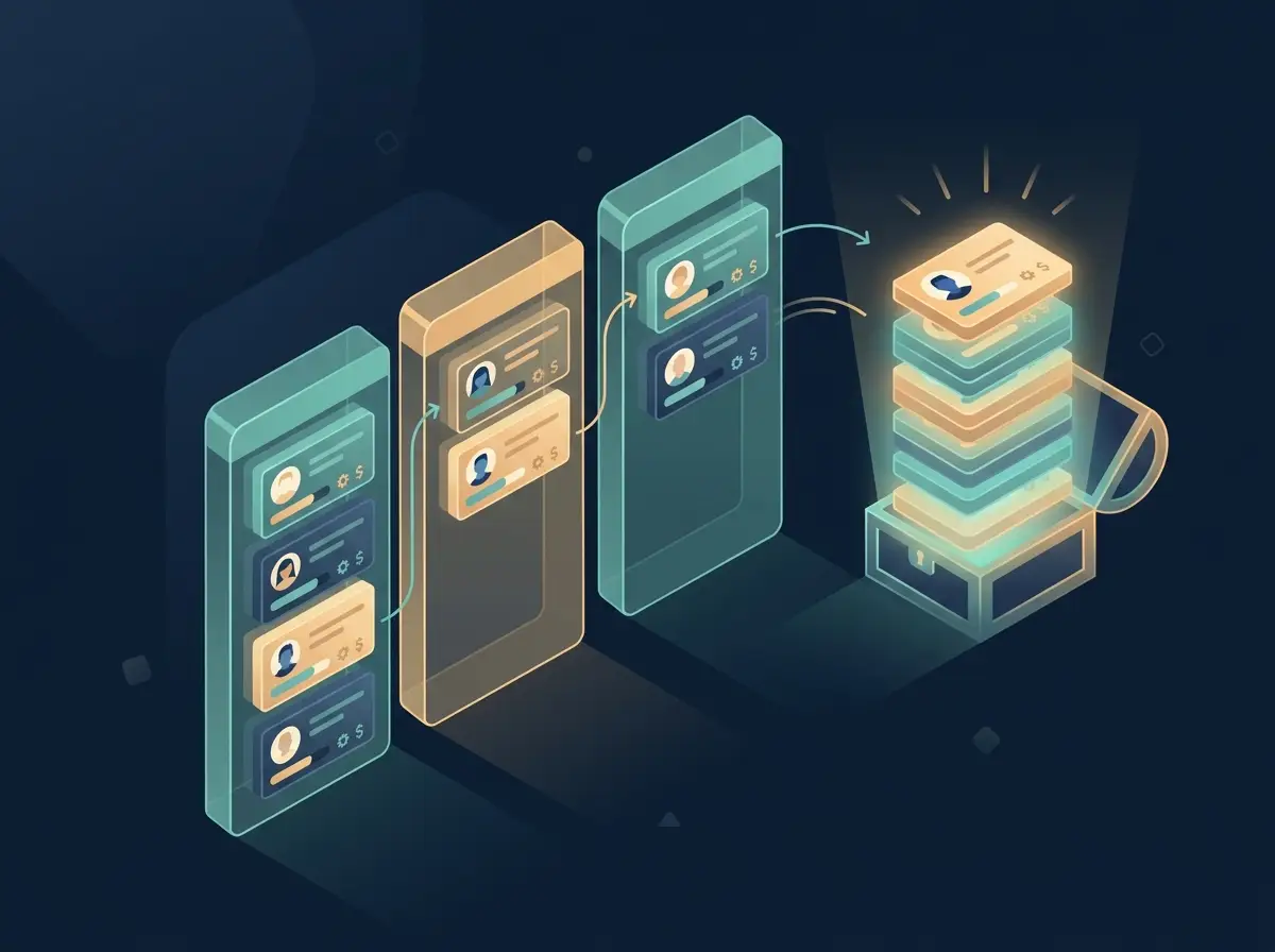 Illustration of a deal pipeline board with stacked stage columns.